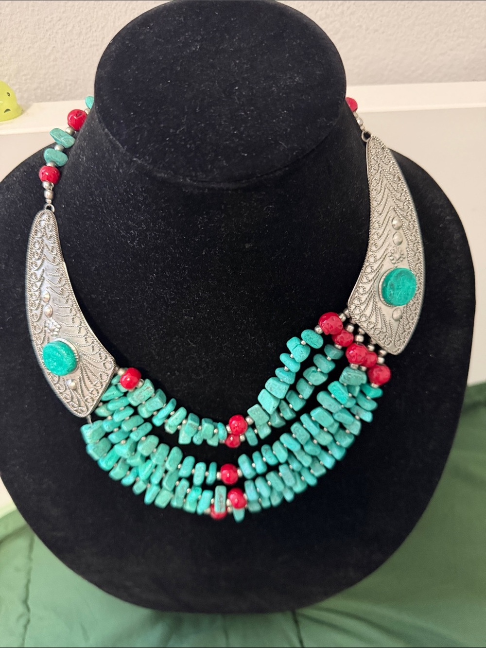Turquoise and Red Multi-Strand Statement Necklace